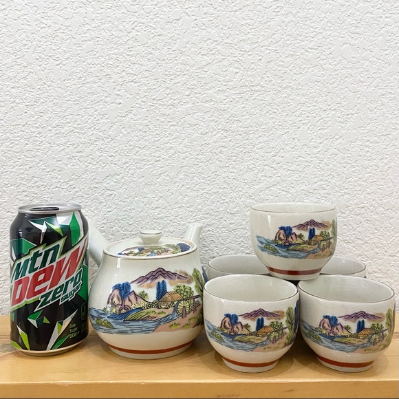 Vintage Japanese Kyusu Hand-painted Teapot Village Scene Teapot & 5 Cups Set - Picture 3 of 15